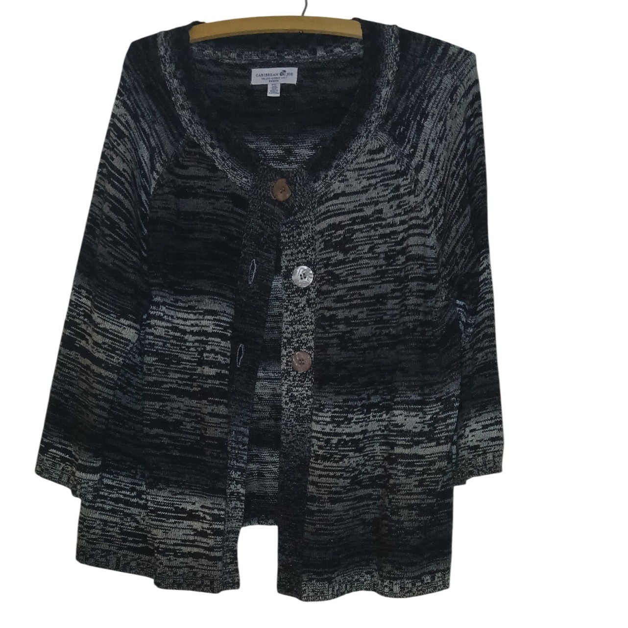 Caribbean Joe Petite Pxl Black Grey Space Dye Button Front Cardigan Sweater